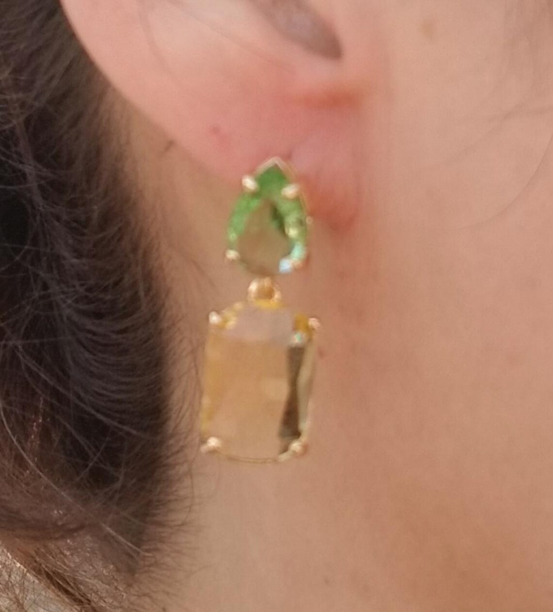 14k Gold Australian Crystal Citrine and Peridot Stud Dangle Earrings