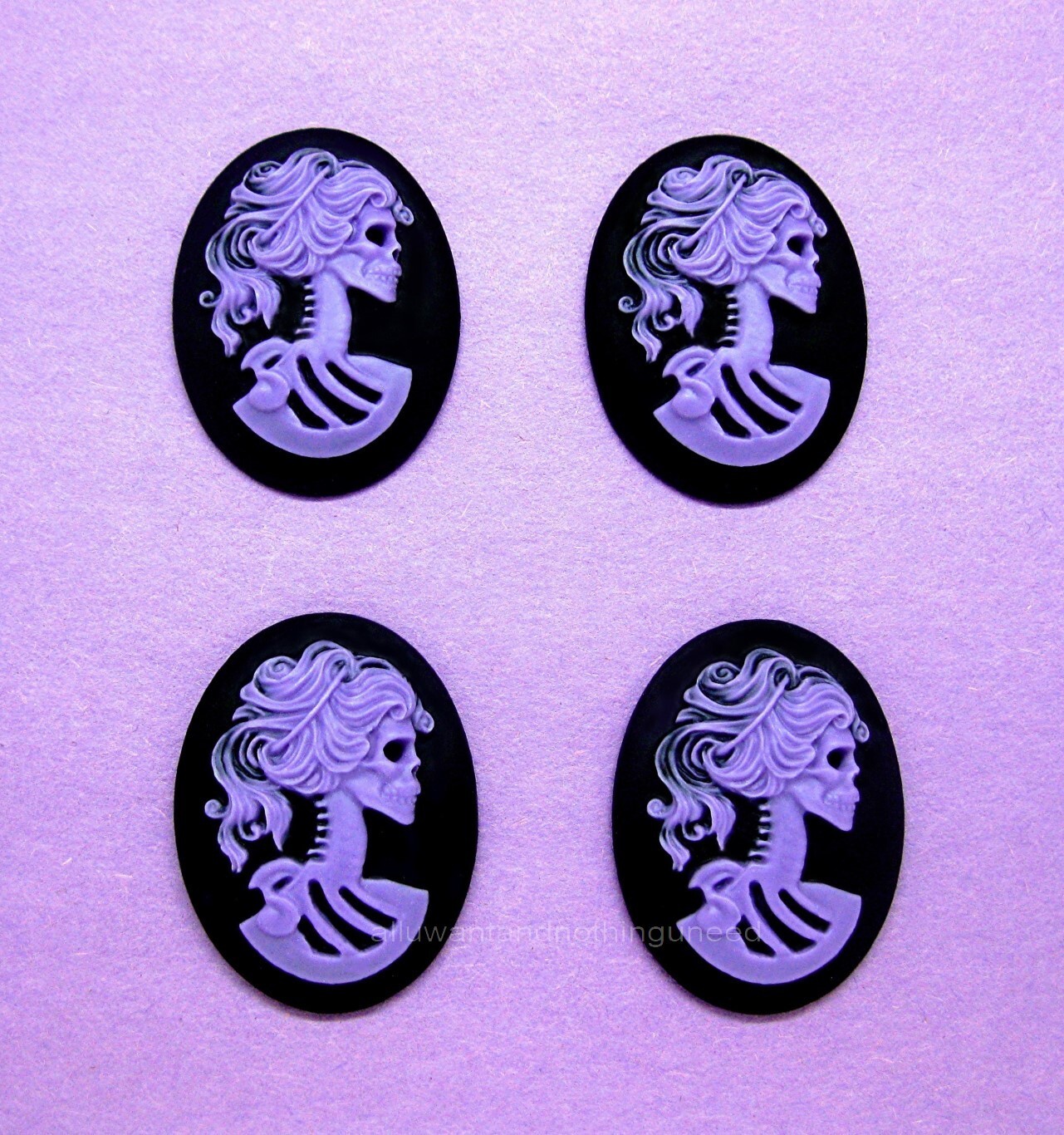 4 Goth Punk Halloween Lolita PURPLE color LADY SKULL on BLACK 40mm x 30mm CAMEOS