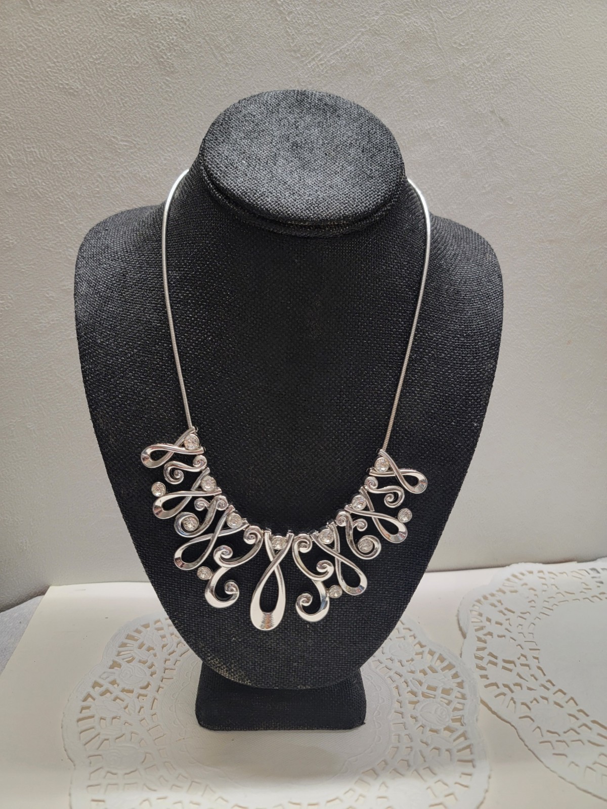 Silver-Tone Crystal Teardrop Scroll Charm Pendant Snake Chain Necklace