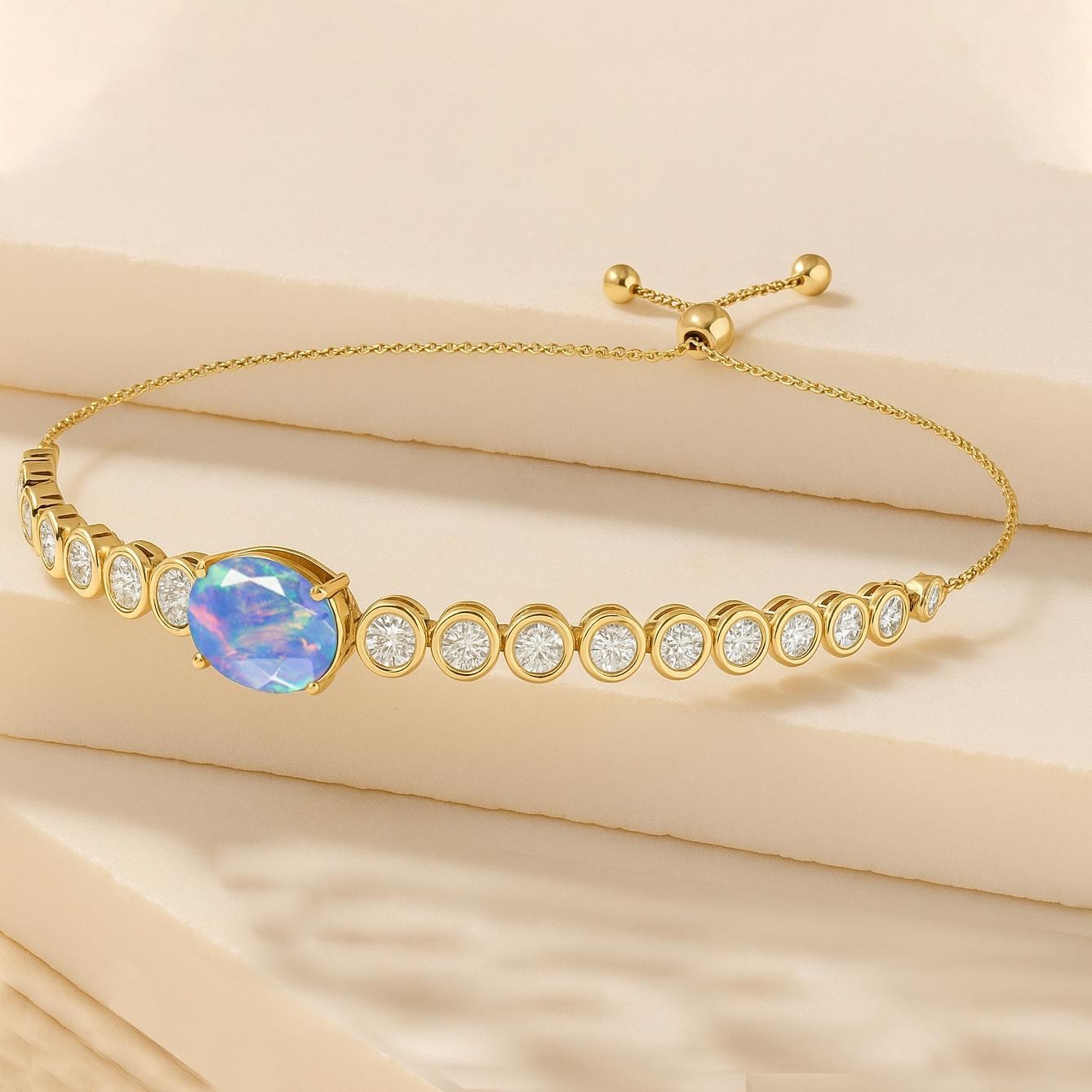 Fire Blue Stone Opal Gemstone Bolo Bracelet, Opal Adjustable Bracelet Gift