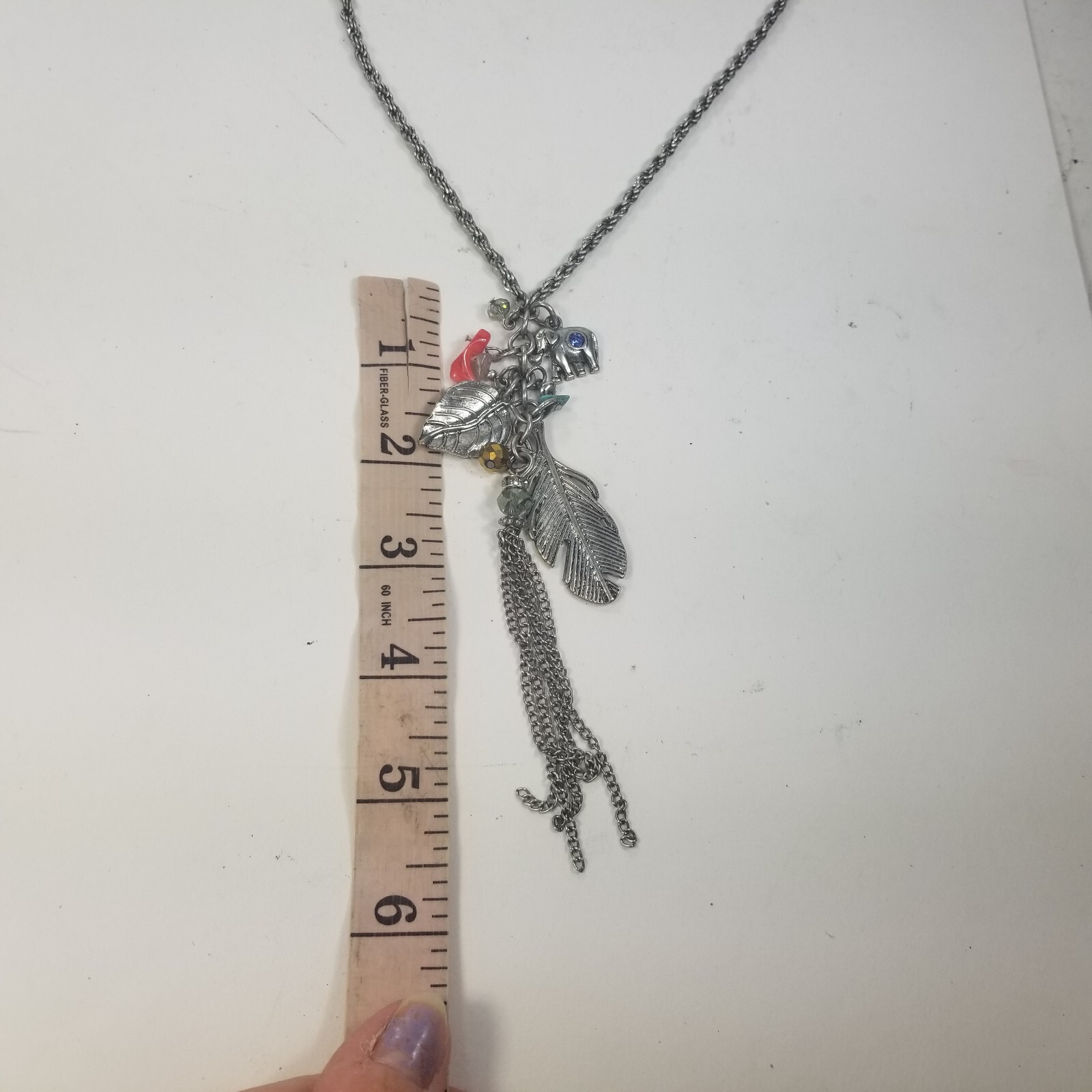 Silver Tone Feather Dangle Charm Long Necklace Tassle Faux Turquoise Boho 32-35″
