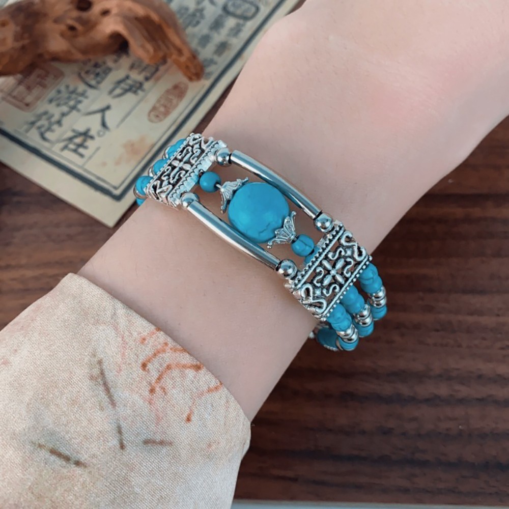 Unisex Bohemian Turquoise Beaded Bracelet Vintage Style Cuff Wrist Accessory