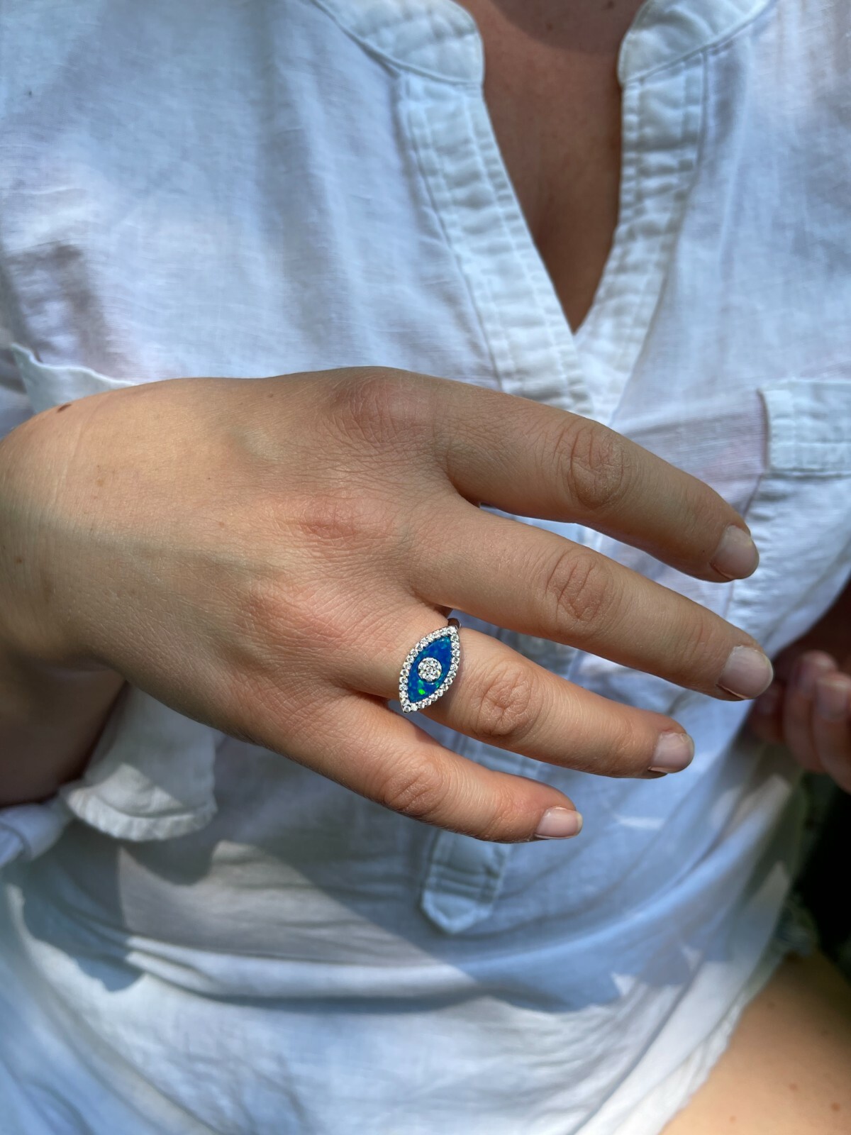 Real 925 Silver Evil Eye Blue Opal CZ Ring Girls Ladies Size 5 6 7 8 9 10
