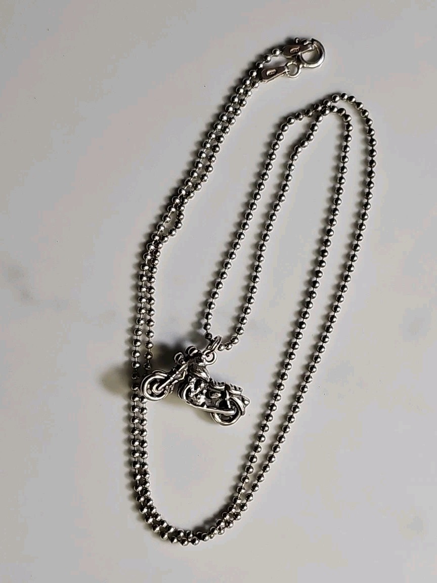 Sterling Silver 925 MOTORCYCLE Pendant W/ 20″ Bead Chain Necklace