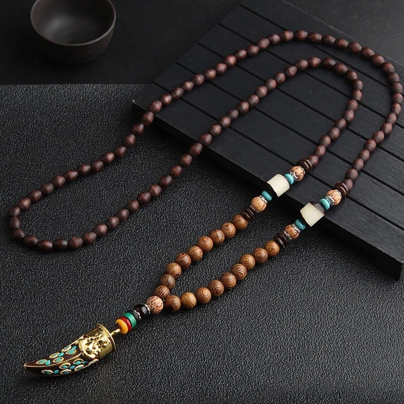 Vintage Nepal Buddhist Mala Necklace Wood Beads Fish Horn Pendant Ethnic Jewelry