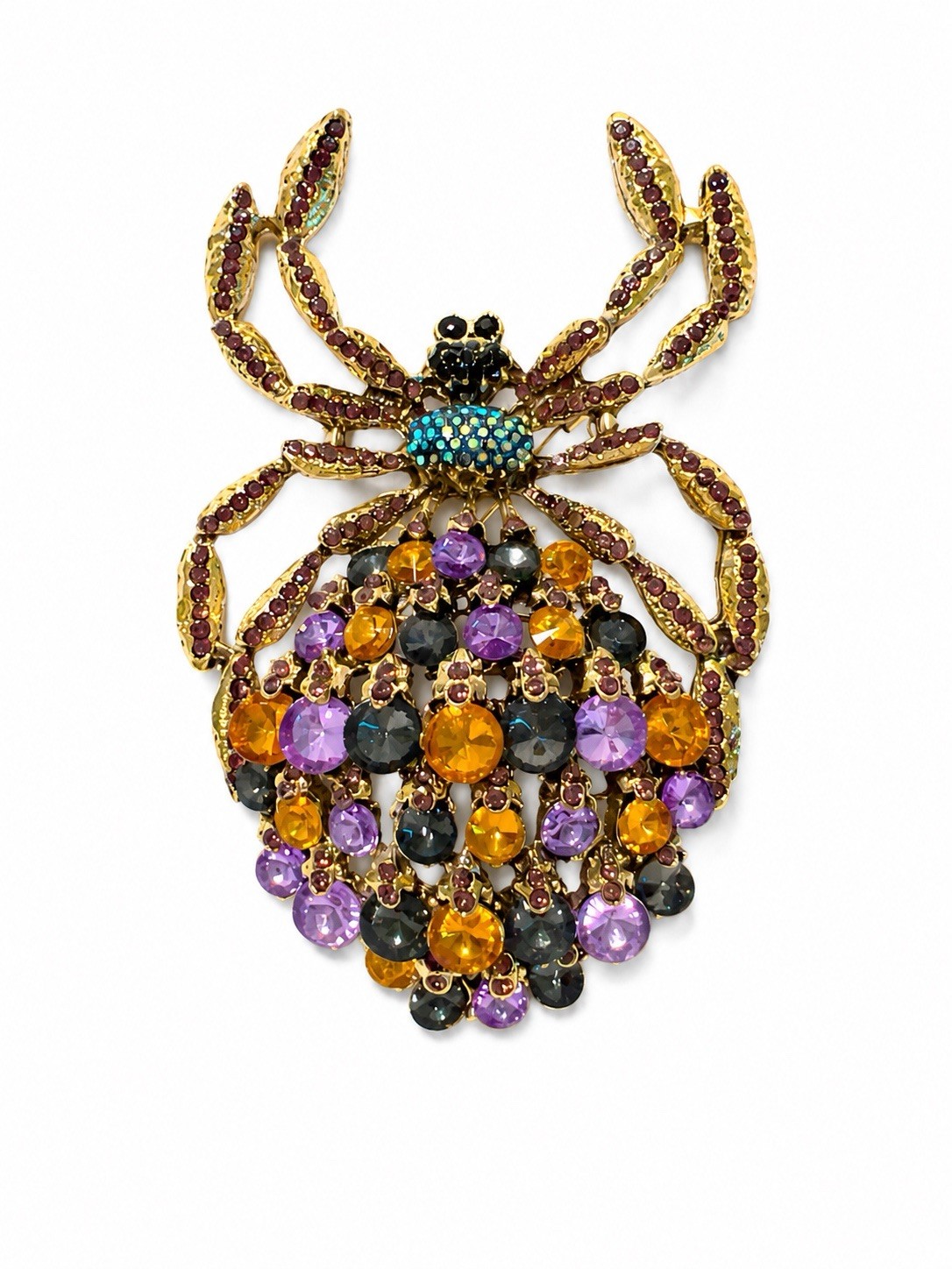 Spider Orange Purple Gold Tone Metal Rhinestone Pendant Brooch