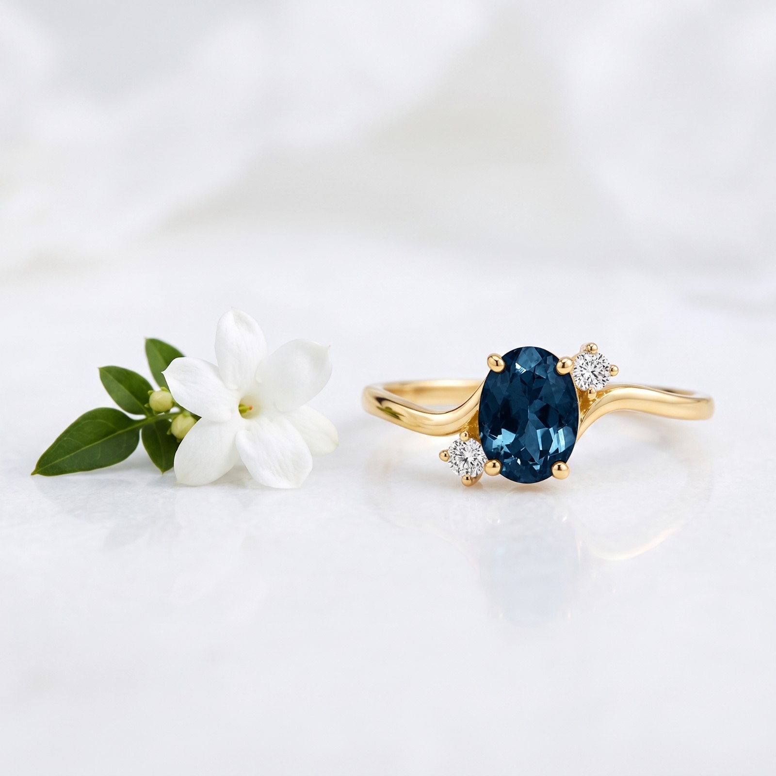 Natural London Blue Topaz Cluster Ring, 14k Yellow Gold Dainty Minimal Band Ring