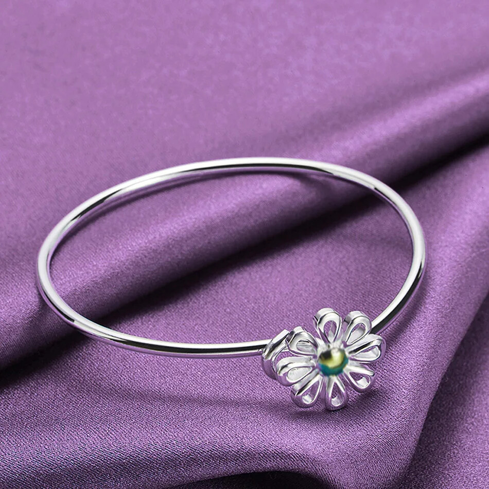 CHSHINE 925 Sterling Silver Flower Pendant Necklace Bracelet Bangle Jewelry Set