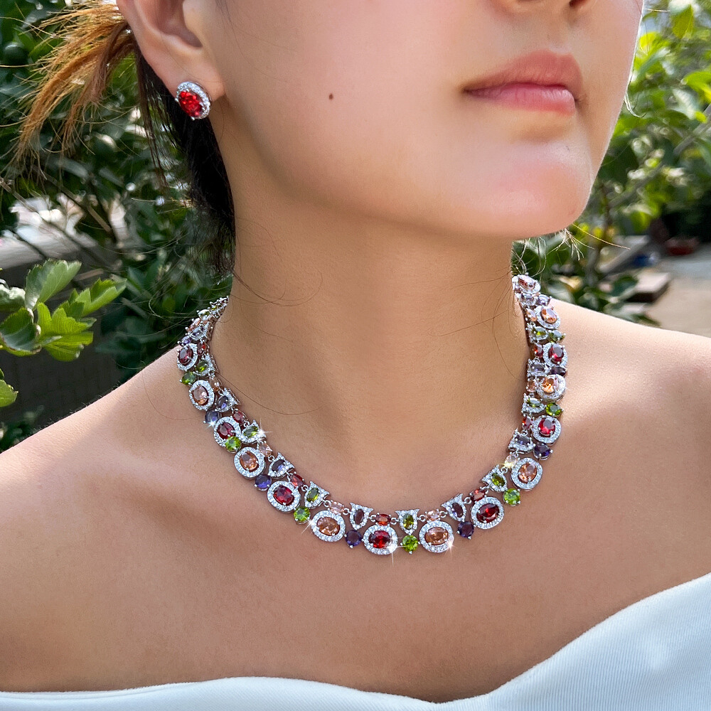 Multicolor Oval Geometric Necklace Earrings Silver Plated CZ Bridal Jewelry Set
