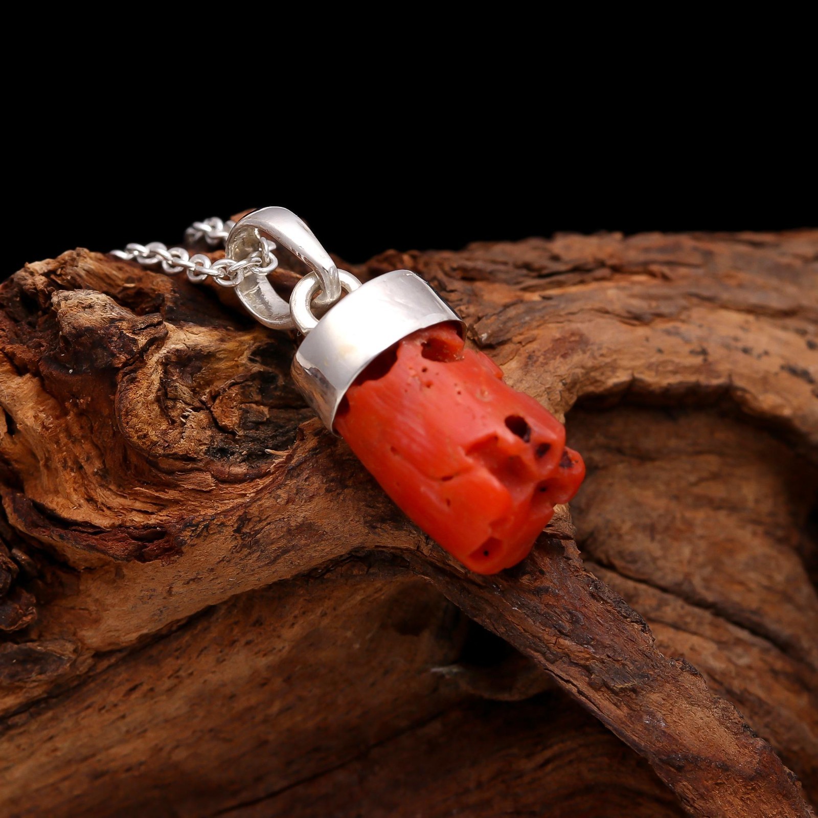 Natural Italian Red Coral Rough Chain Necklace Solid Silver Jewelry Gift For Her