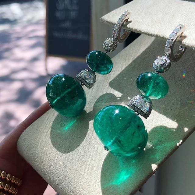 Deep Vivid Green Large Fancy Emerald With Clear White CZ Dangle Fashion Earring