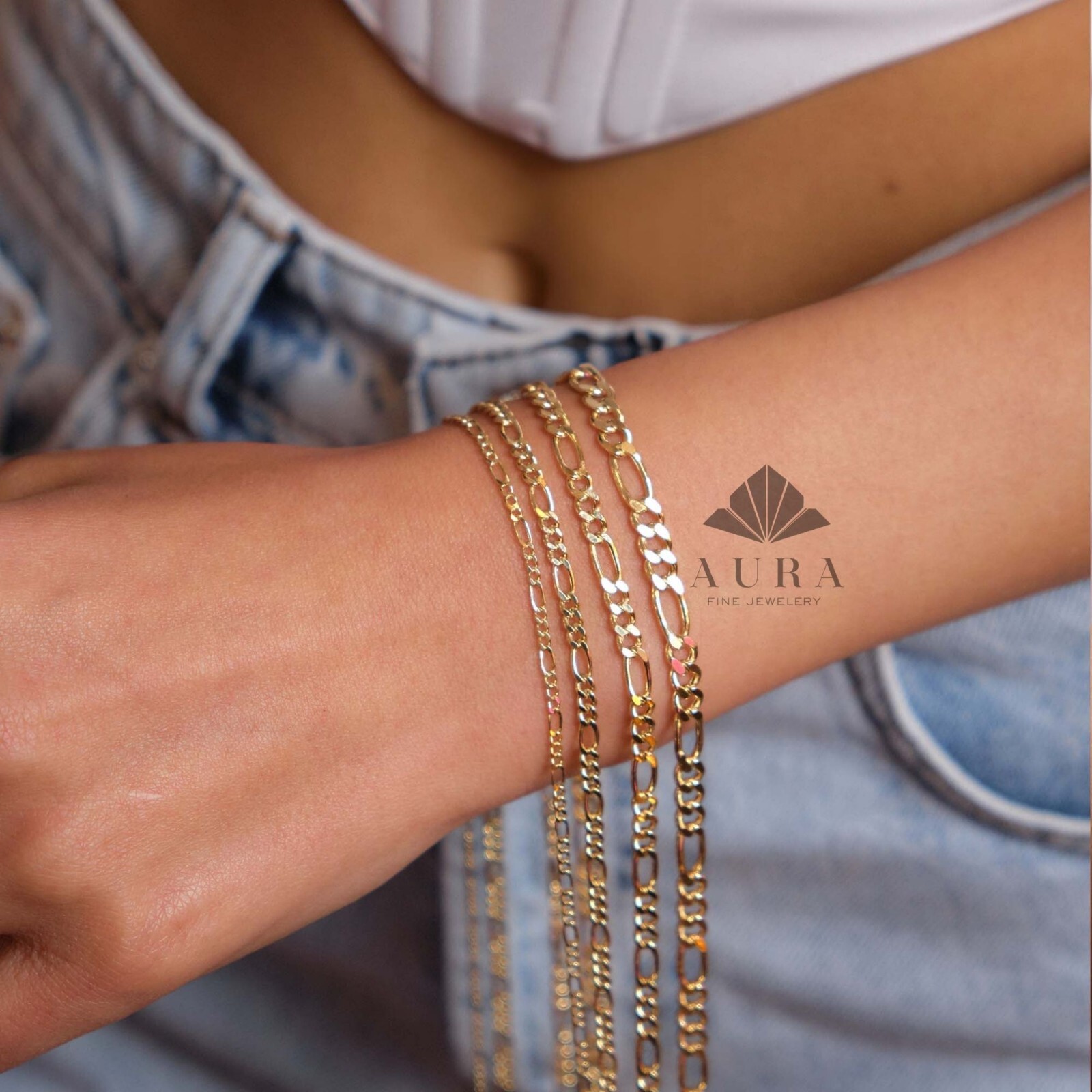 14K Gold Figaro Chain Bracelet, 2mm 3mm 4mm 5mm Figaro Chain Bracelet, Genuine