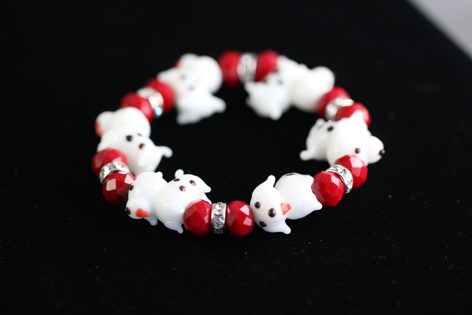 Dog Lampwork Bracelet 7″ Elastic Glass Beads Red Crystal White Polka Dot
