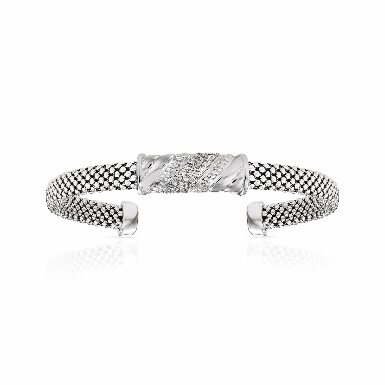 925 Solid Sterling Silver CZ Bar Italian Cuff Bracelet Slip On Bangle 6″-7″
