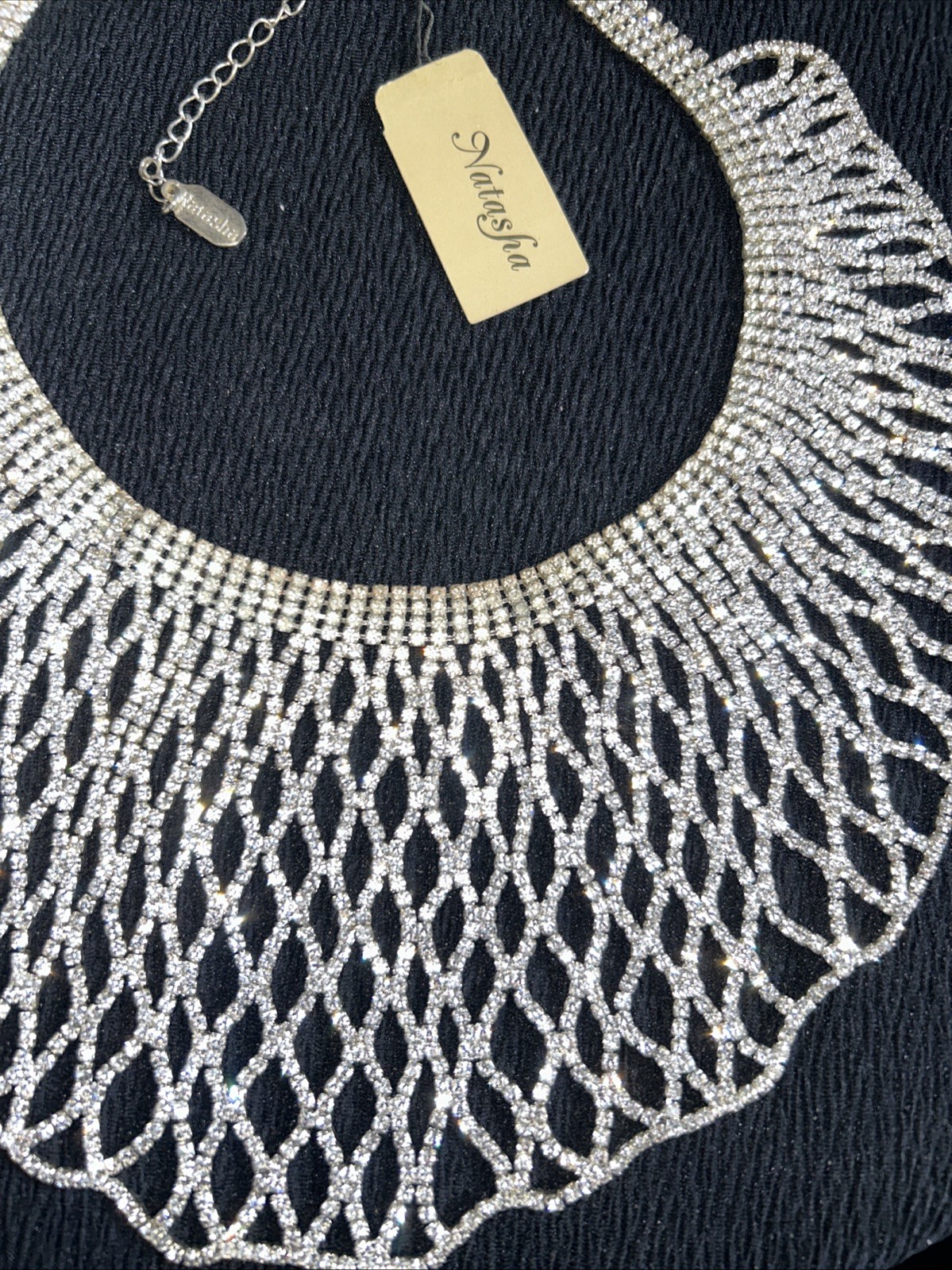 Natasha designer Necklace Silver Bib Crystal Ice rhinestones Statement New Tags