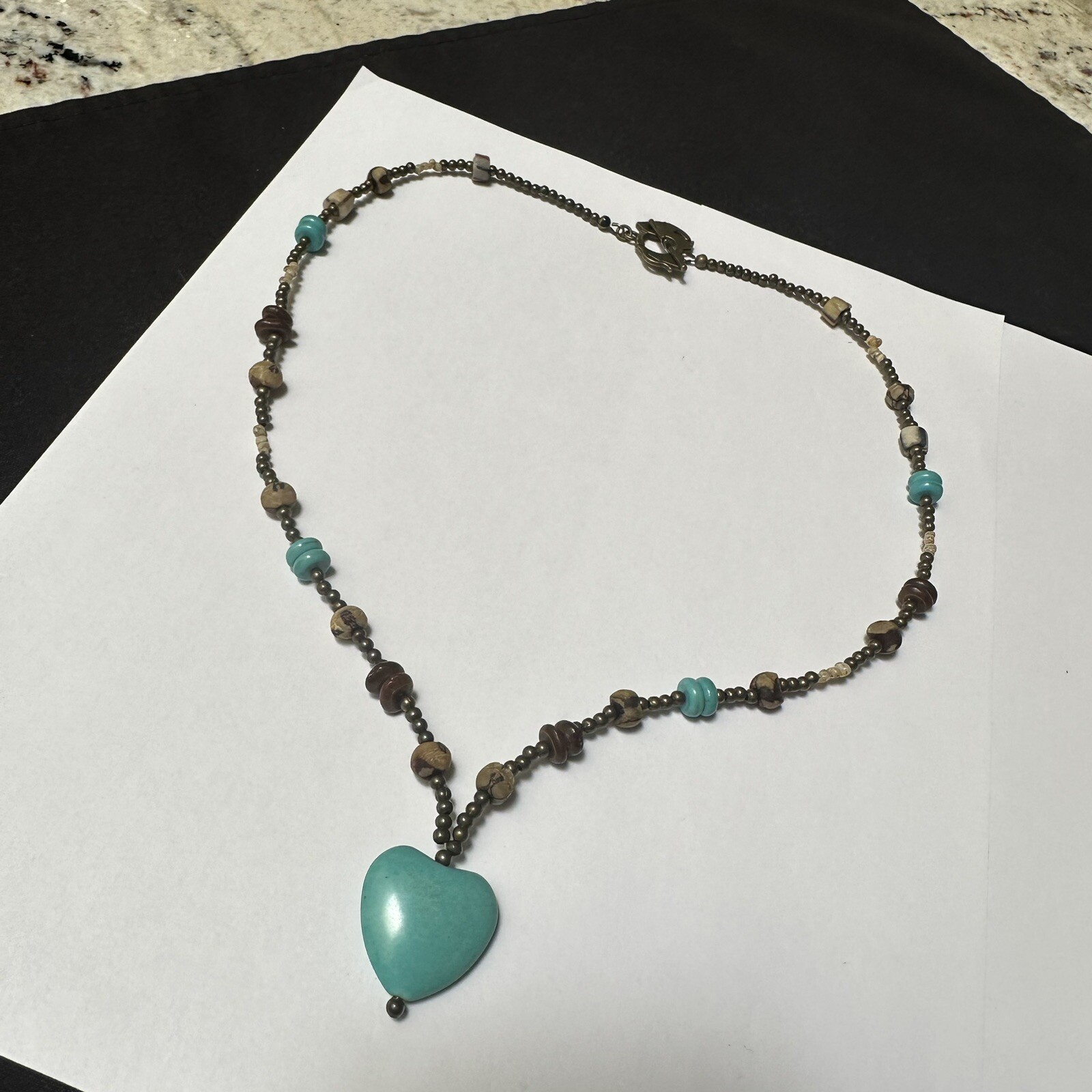 Women’s Hand Crafted Silver Tone / Blue & Brown Beaded Necklace – Stone Heart