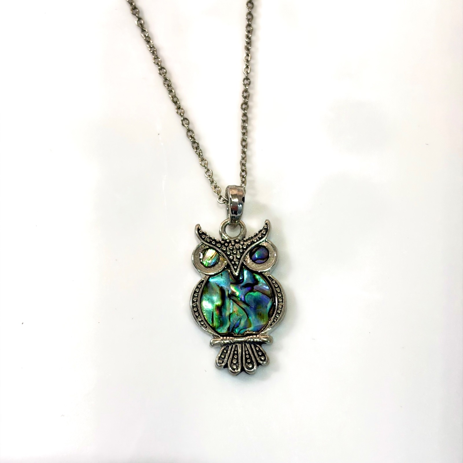 Cute Iridescent Abalone Shell Owl Pendant Necklace With Hinged Box