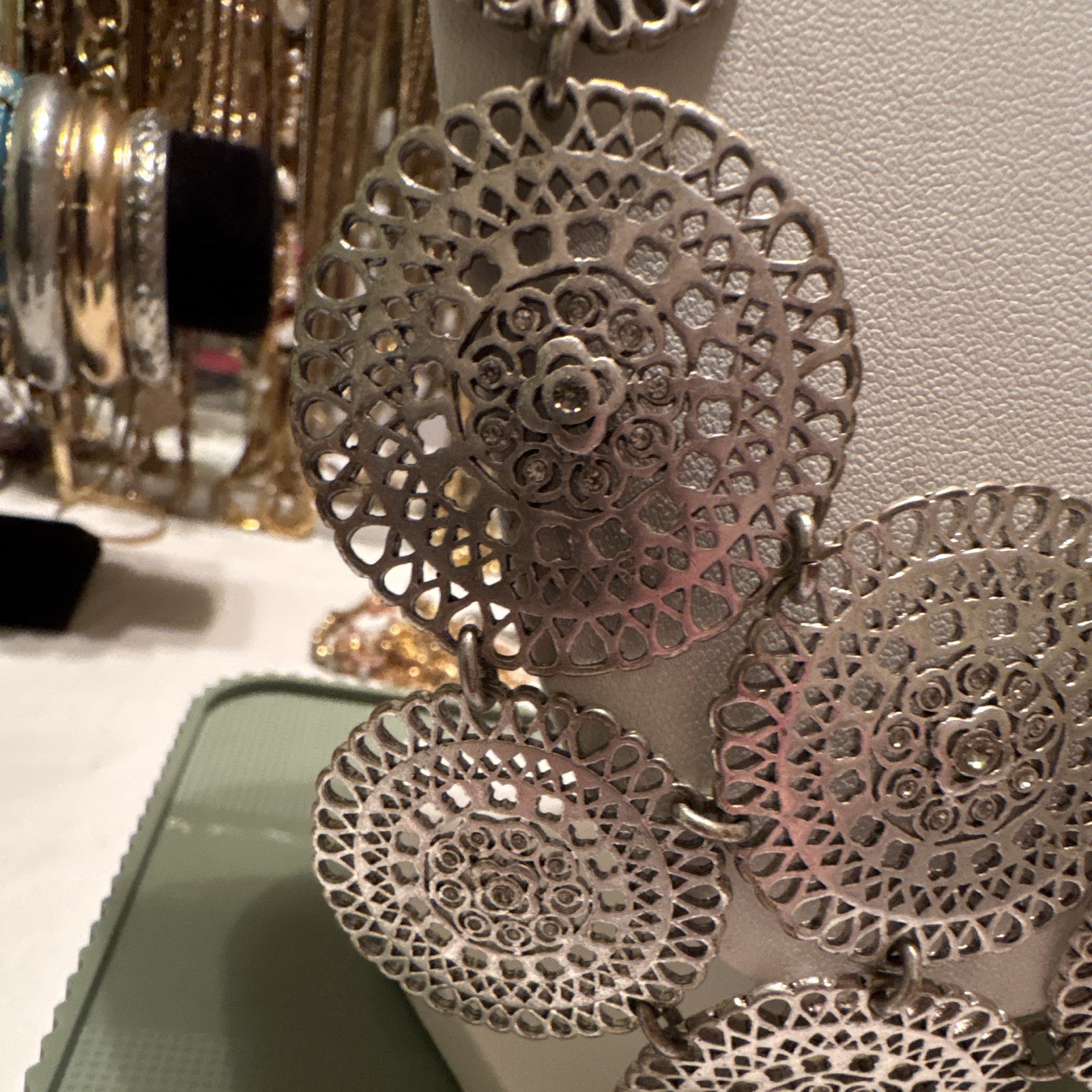 Silver-Tone Filigree Round Disc Bib Statement Necklace Braided Chain Lobster