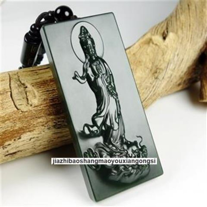 Certified Grade A Hotan Green Jasper Jade Kwan-yin GuanYin Buddha grave Pendant