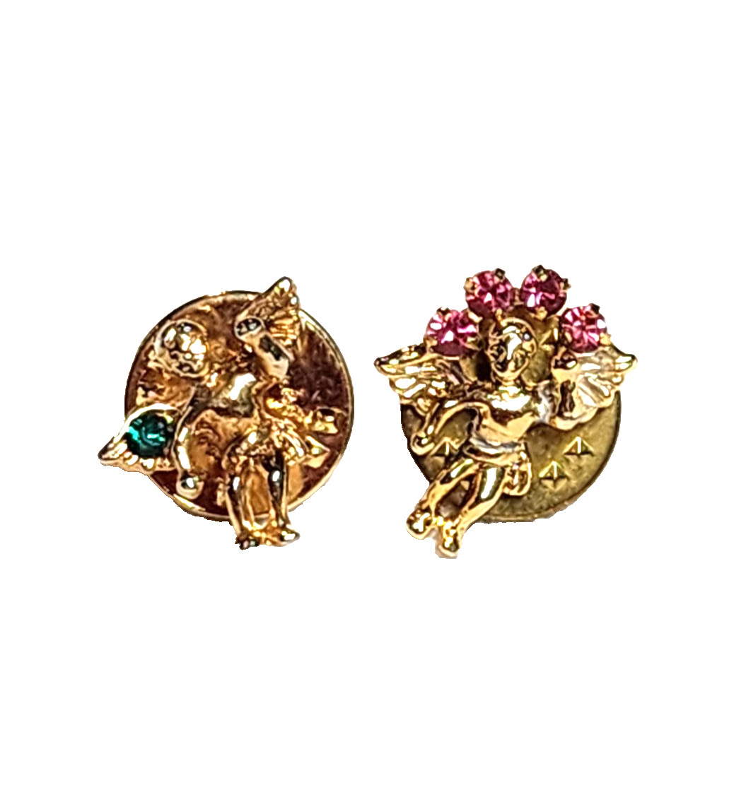 Lot Of 2 Vintage Guardian Angel Cherub Pins Pink & Green Rhinestones Gold Tone