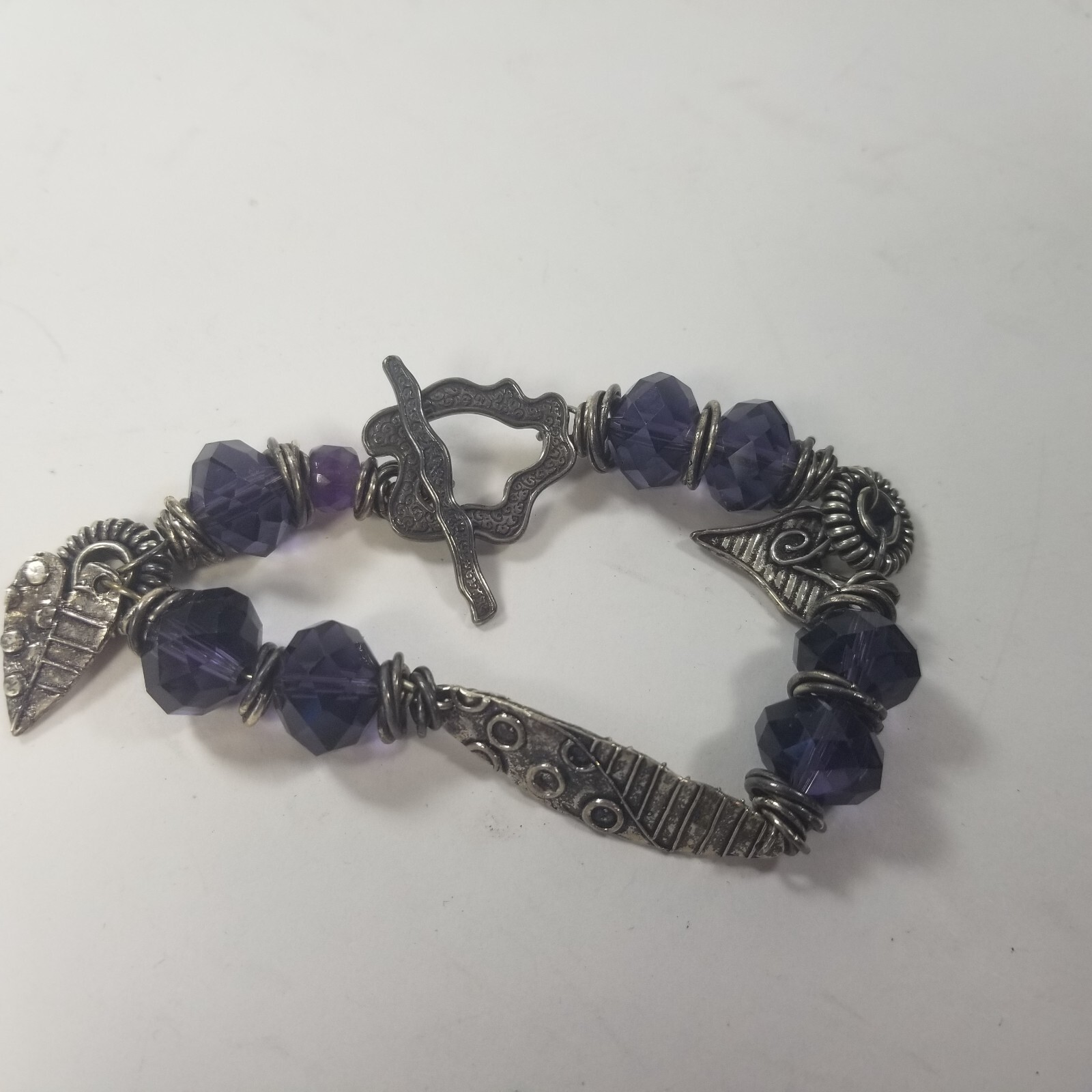 JBB Joshua Benbassat Sterling Silver Art Purple Bead Charm Bracelet with Charms