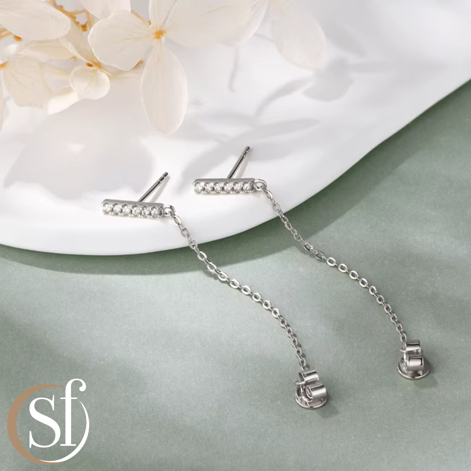 Moissanite Bar Chain Drop Earrings | Sterling Silver | 14K White or Yellow Gold