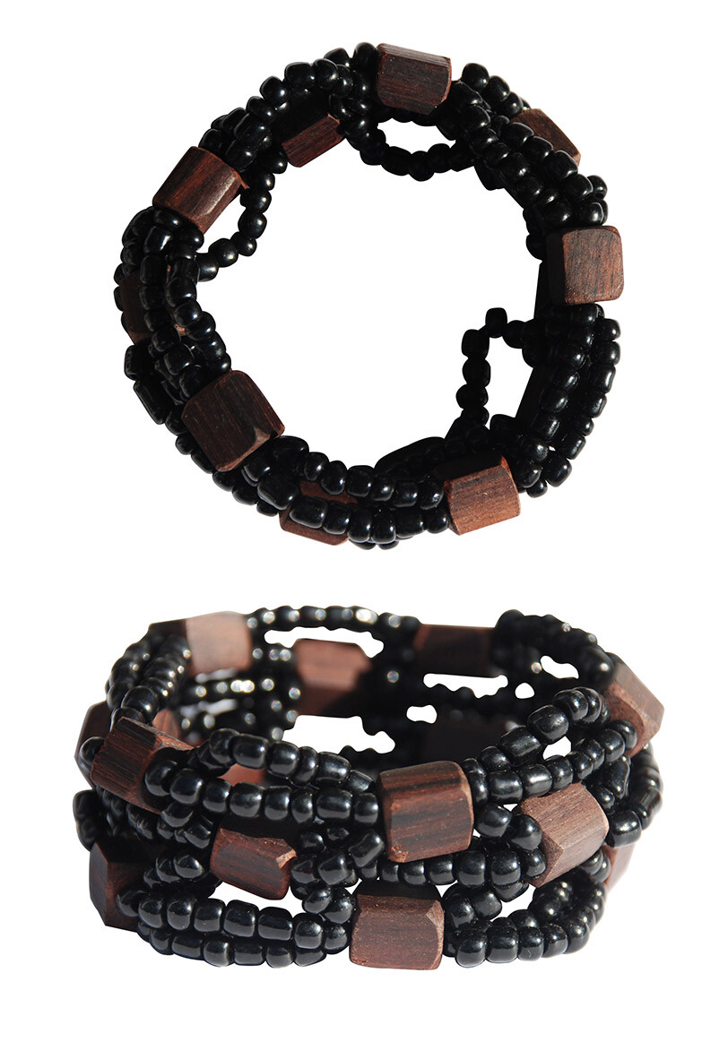 Beautiful Black 10-Strand Elastic Glass Beaded Bracelet with Dark Hard Wood Bead
