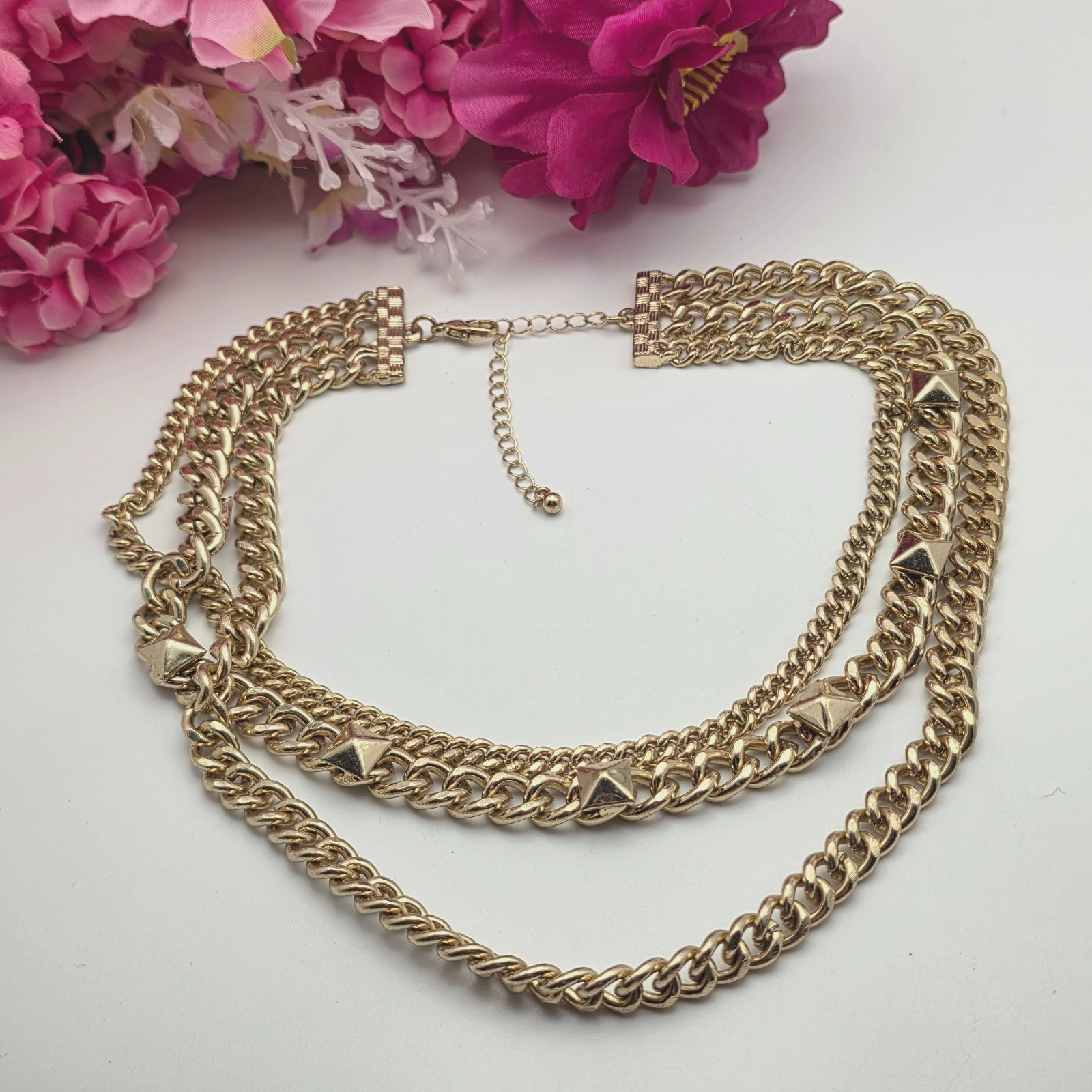 Gold Tone Layered Curb Chain Statement Necklace With Pyramid Studs 19 In