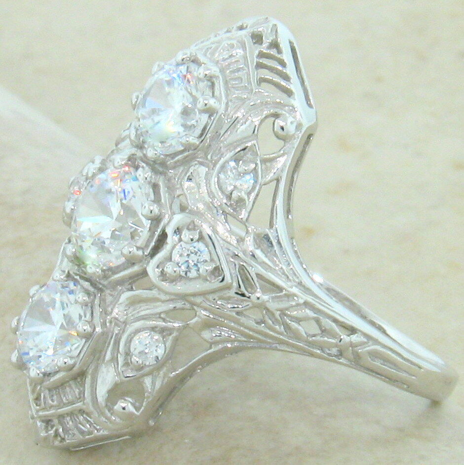 ART DECO CLASSIC STYLE CUBIC ZIRCONIA 925 STERLING SILVER FILIGREE RING 847X