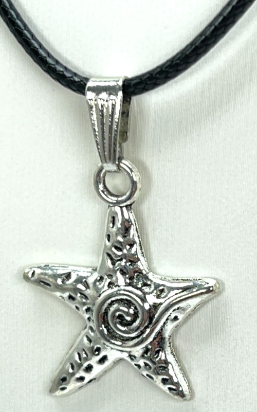 Necklace Silver Tone Starfish Hanging on a Black Cord 18″ + 2″