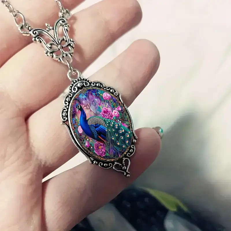Peacock Ornate Silver Necklace Bird Jewelry Vintage Silvery Pendant