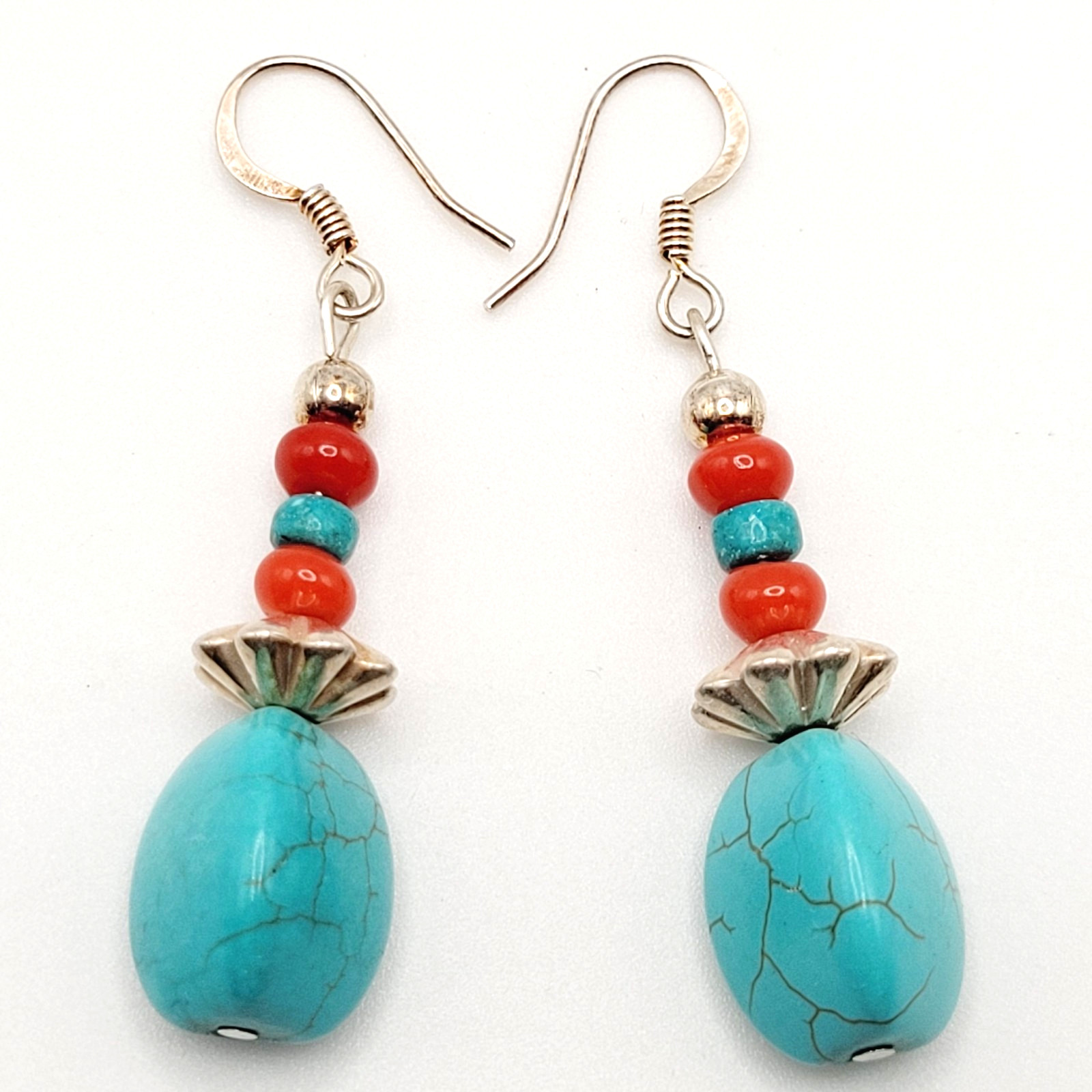 Southwest Style Faux Turquoise with Glass Bead Drop Dangle Pierced Hook Earrings