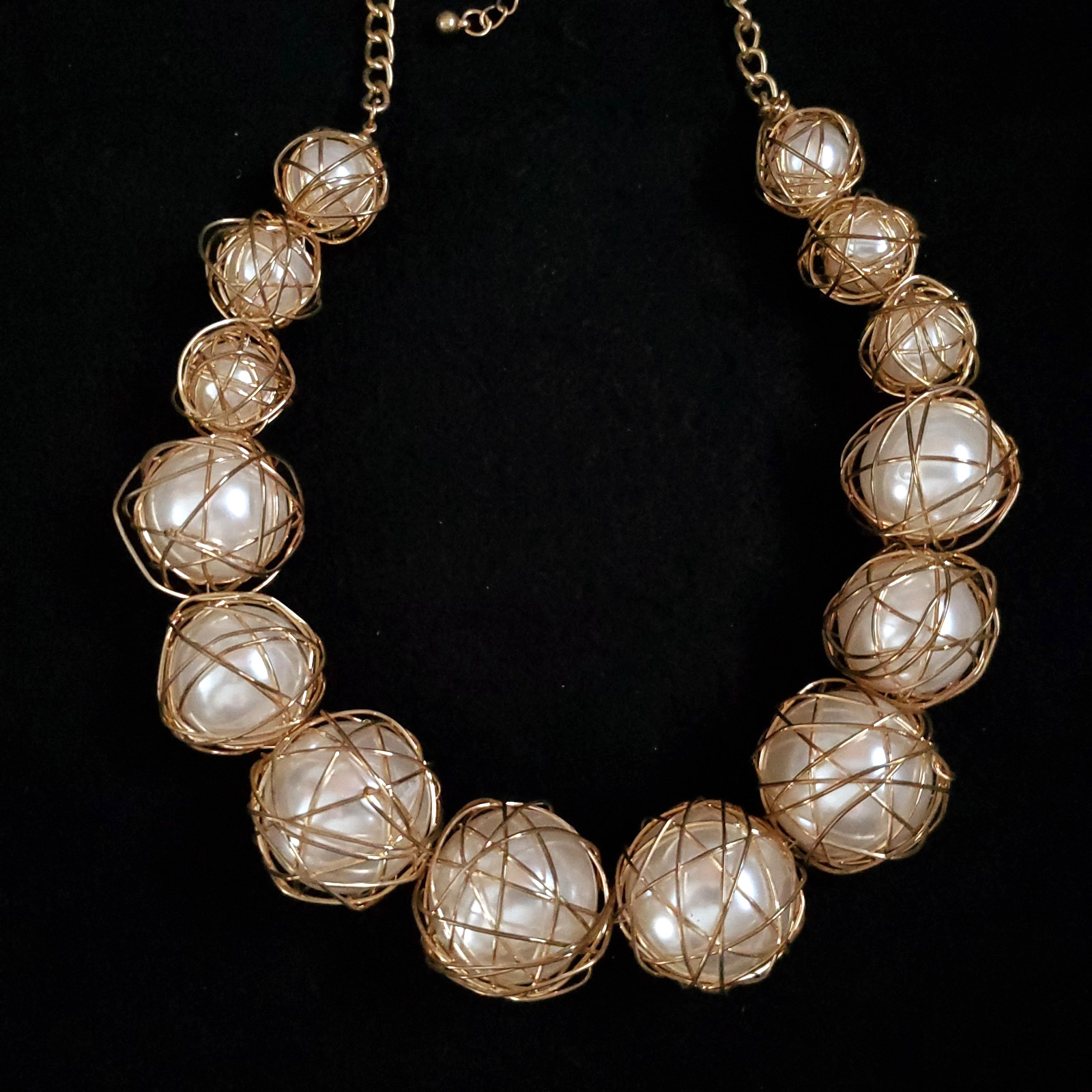 Chunky Statement Necklace Gold Tone Wire Wrap Faux Pearls Runway 23″