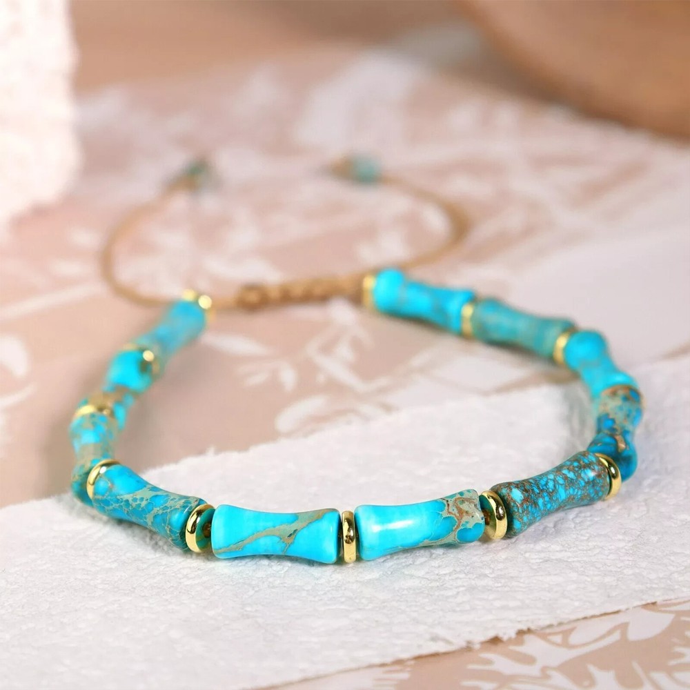 Turquoise Tube Stone Bracelet – Adjustable Natural Gemstone Bead Minimalist BLUE