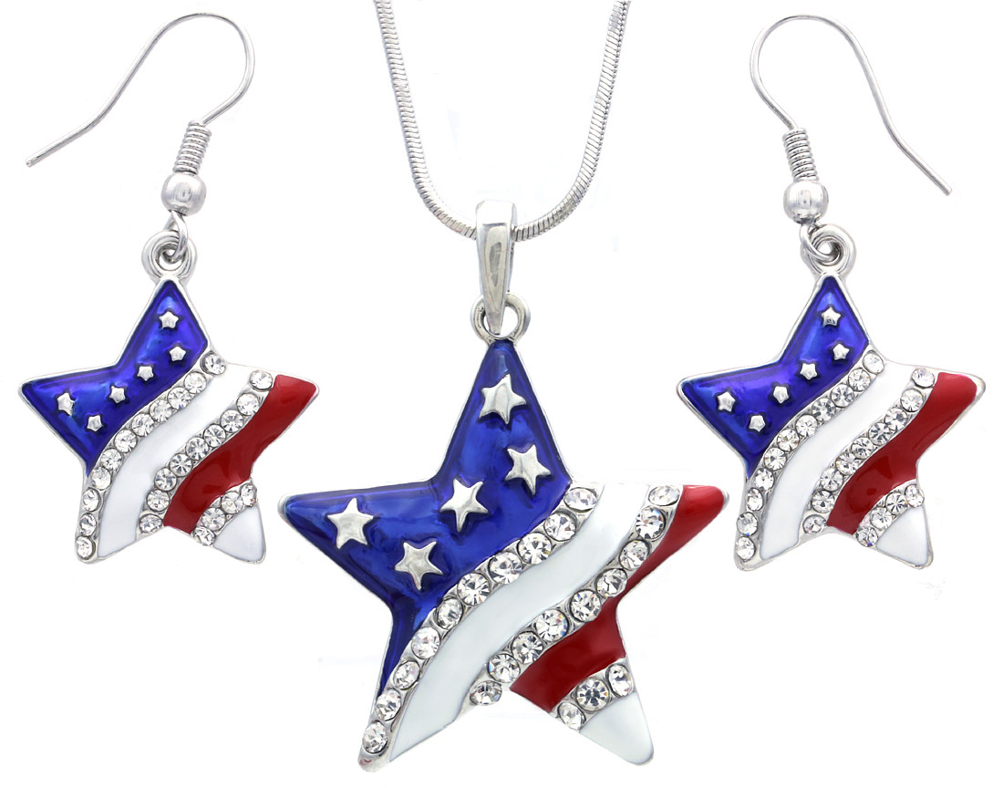 USA American Flag Star 4th of July Veteran Day Patriotic Earrings Necklace Set