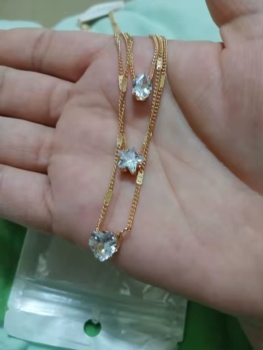 3 Layer Gold Chain Necklace Crystal Heart Star Teardrop Dainty Boho Beach Choker