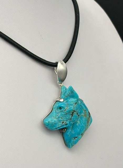 Natural Turquoise Handcrafted Wolf Head Pendant, On A 925 Sterling Silver Base.