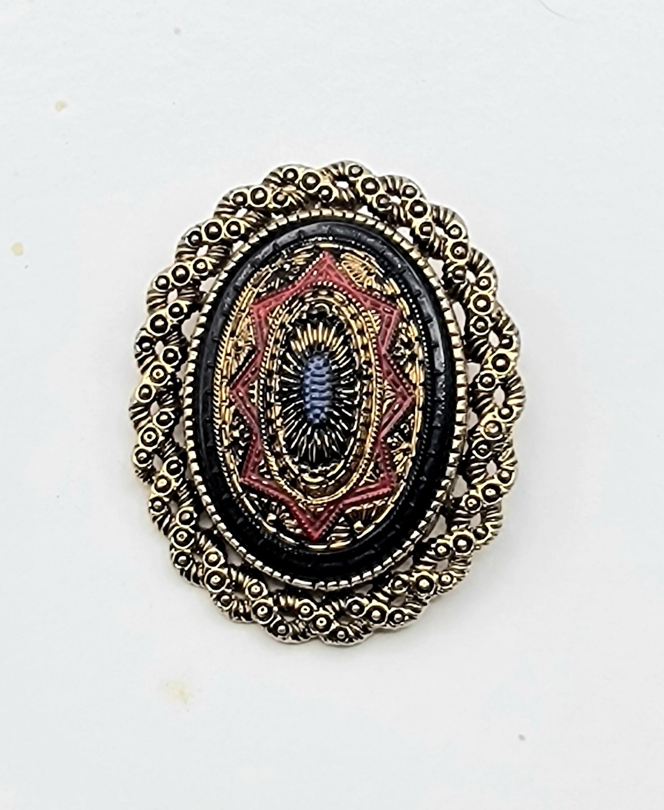 Sarah Coventry Brooch/ OR Pendant Gold Tone Red Black Enamel Oval Dome Detailed