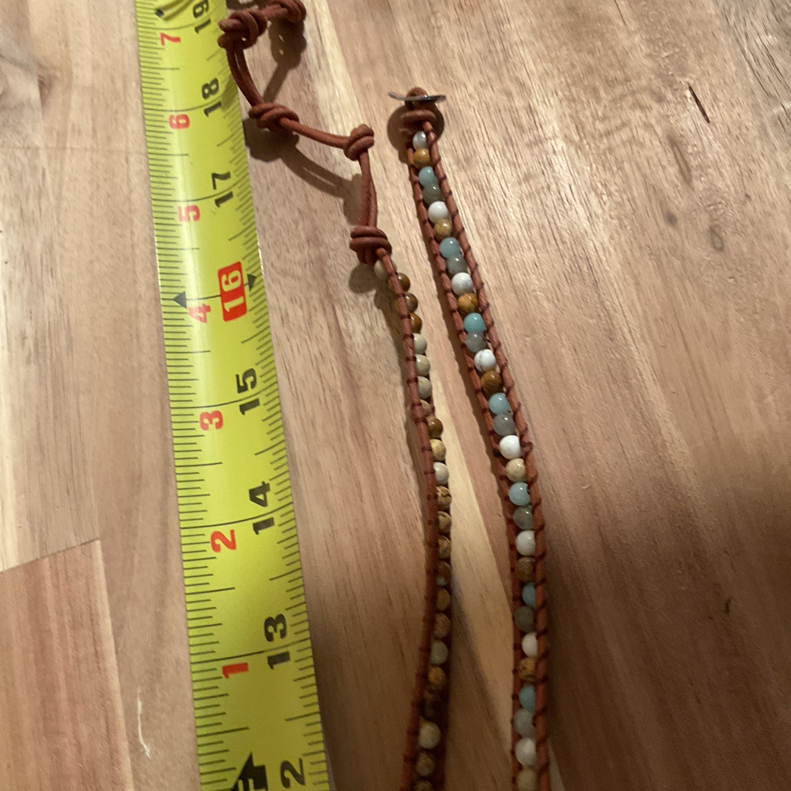 Blue Turquoise Color Stone Gold Edges Leather Beaded Necklace 17 Inches Long