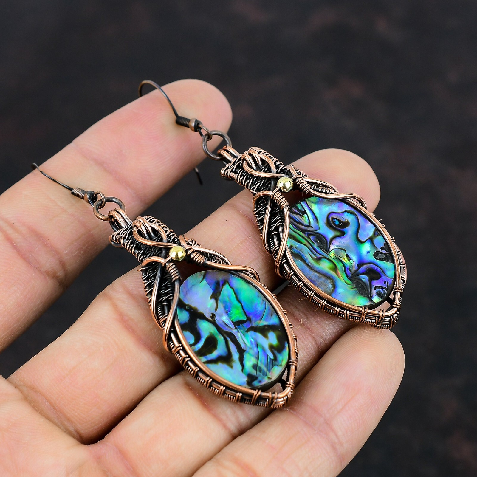 Abalone Shell Copper Valentine Gift Wire Wrapped Drop/Dangle Earrings 2.99″