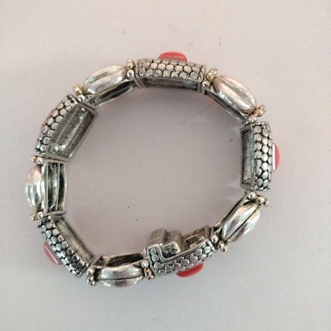 Silver Tone Orange Stone Chain Bracelet 7.8 In Womens Box Clasp Link Jewelry