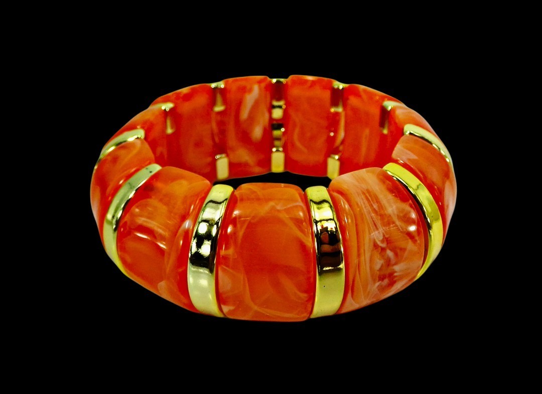 Orange Gold Chunky Stretch Statement Bracelet Bold Fashion Jewelry 1.05″ W NEW