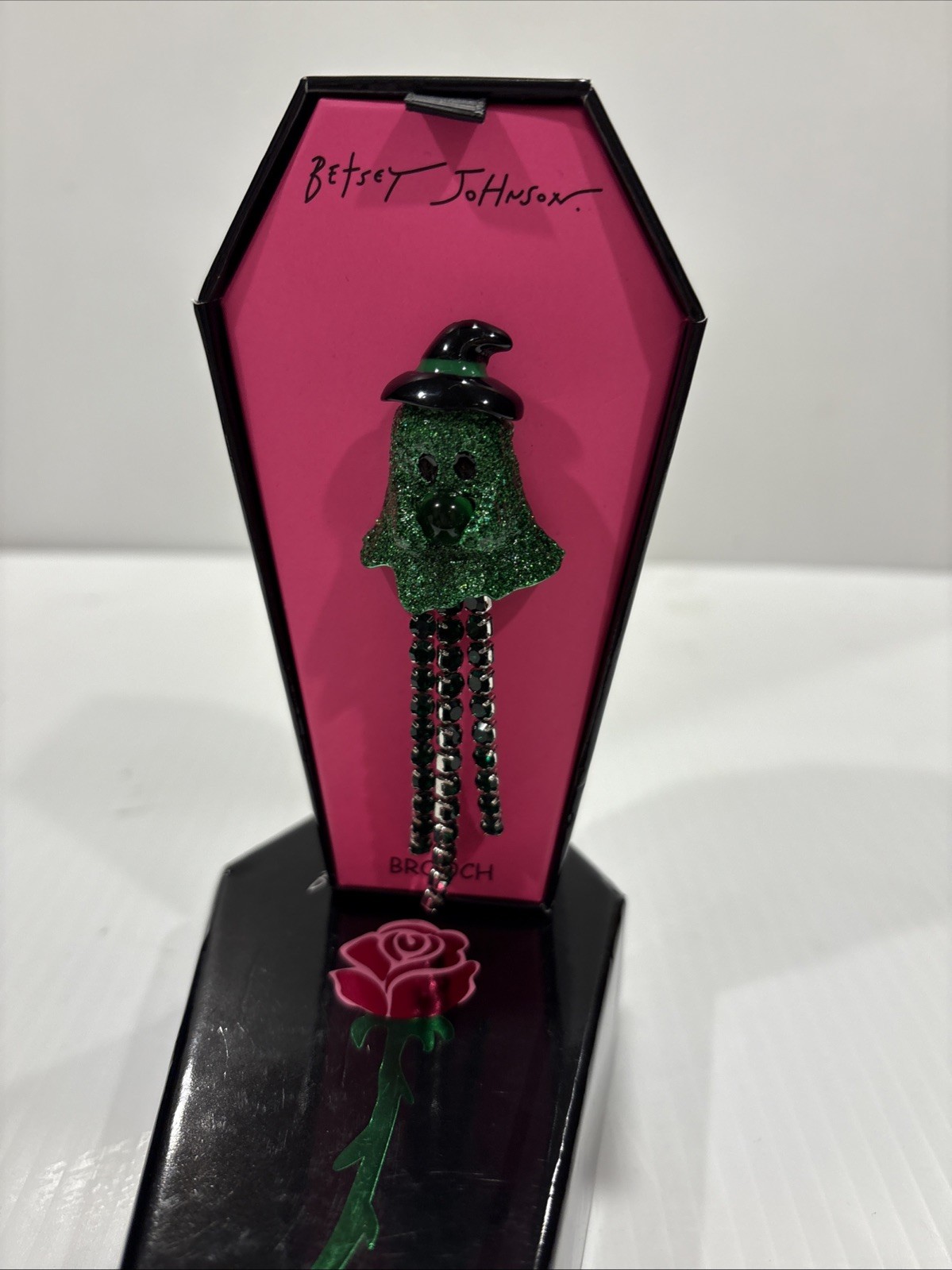 Betsey Johnson Green Ghost Witch Pin Brooch Halloween Black Crystal Glitter NIB