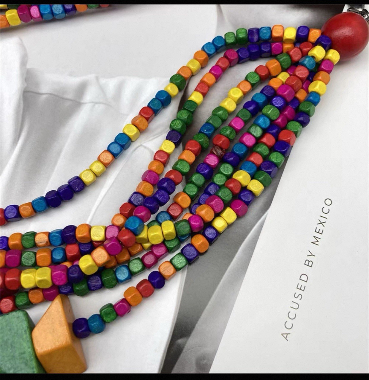 Multicolor Layered Wood Beaded Statement Necklace Adjustable Lobster Clasp