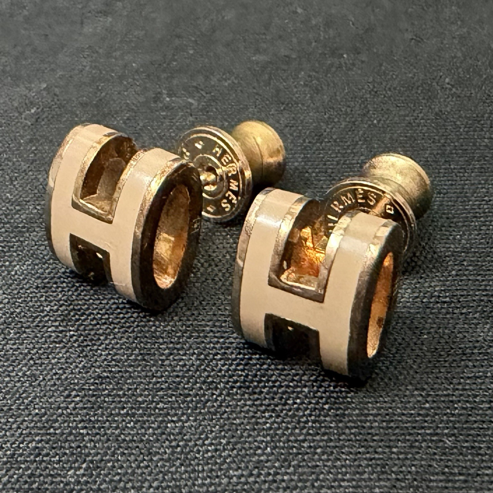 HERMES Mini Pop H Earrings Rose Dragée Enamel Yellow Gold Plated