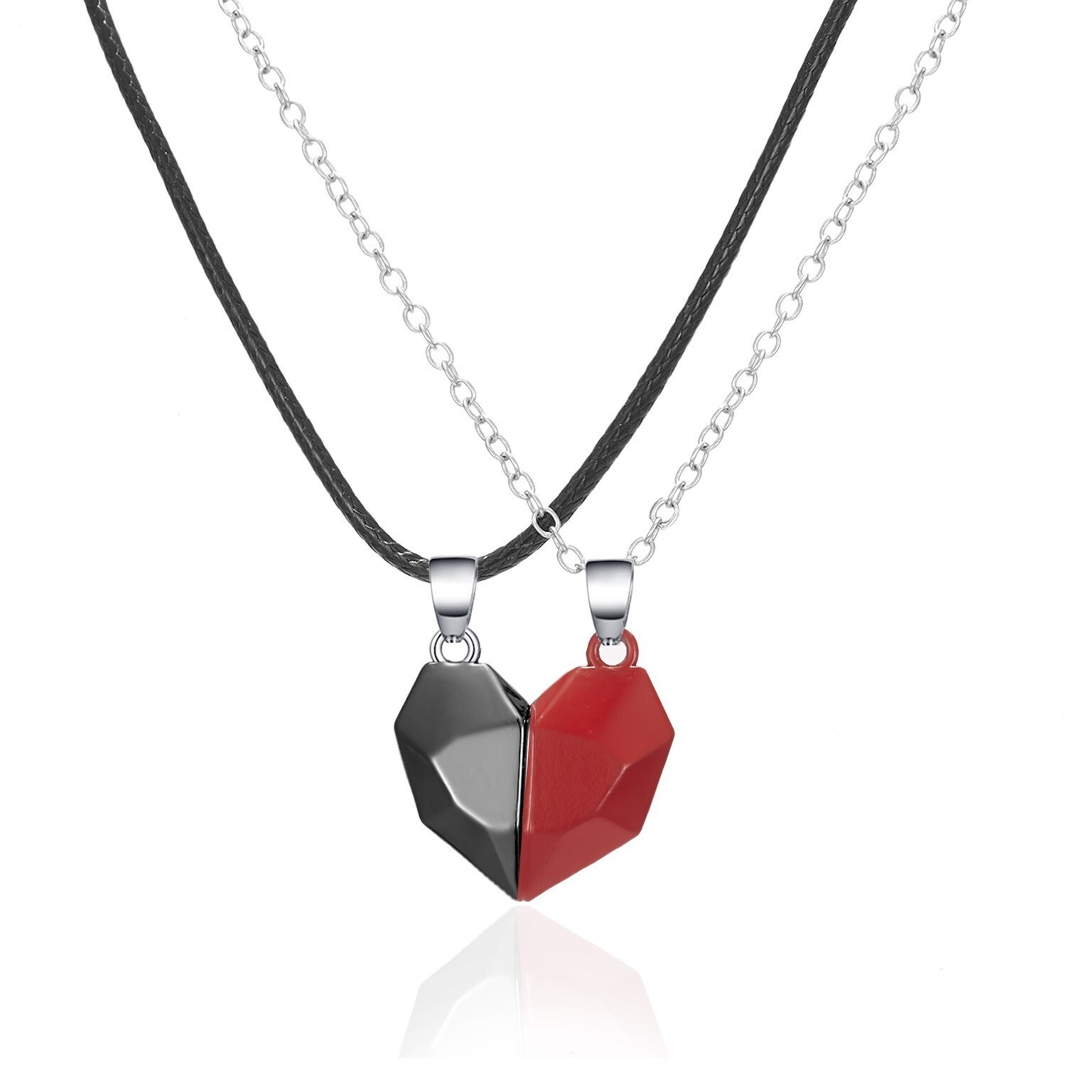 Heart Magnet Necklace Set for Couple – Black w/ Red, Great Gift, Anniversary