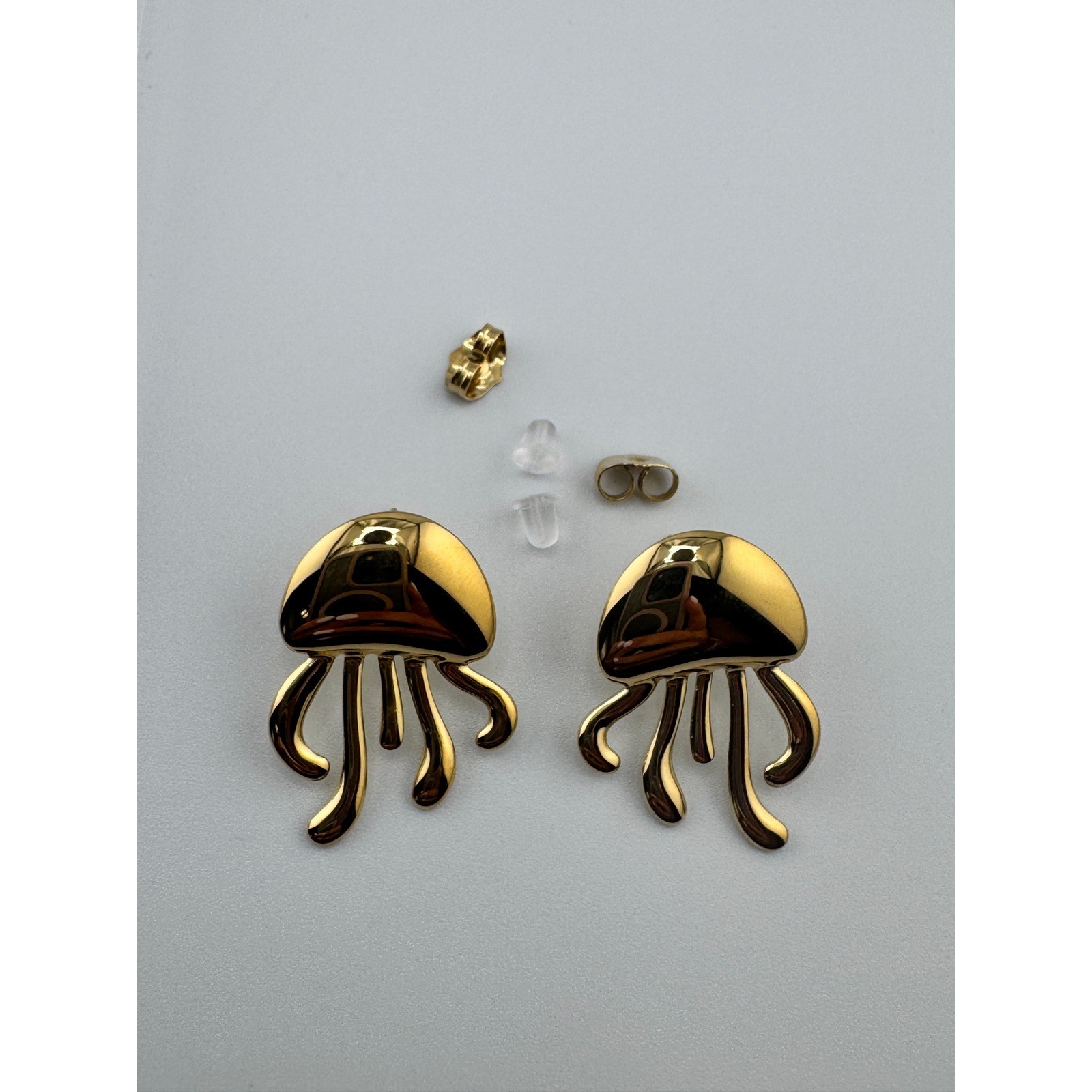 14k Gold Plated Stainless Steel Oversized Jellyfish Stud Earrings Nautical Gold
