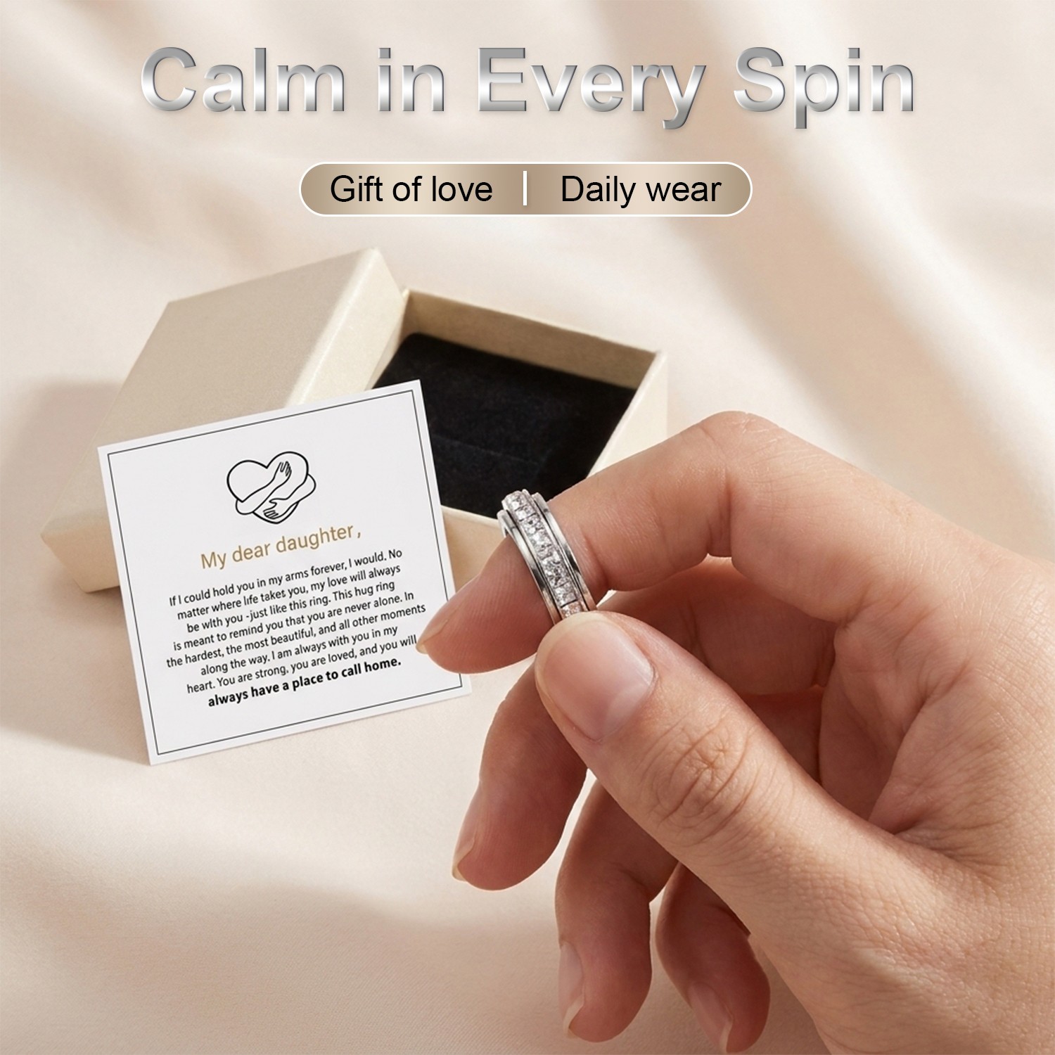 Silver Copper Zircon Fidget Relieving Anxiety Rotatable Ring Gift Size 5 to 12