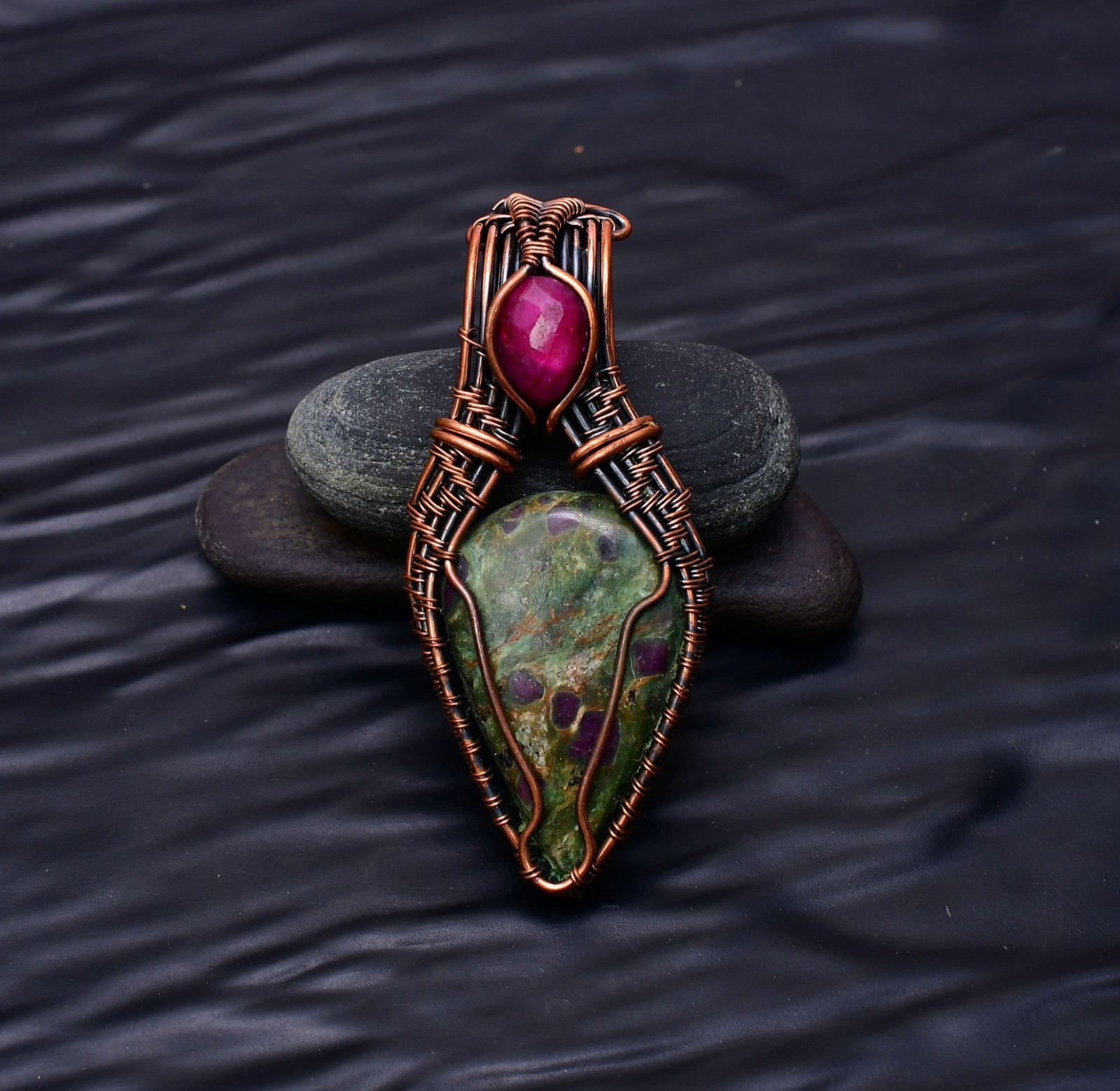 Ruby Fuchsite Gemstone Copper Wire Wrapped Handmade Jewelry Pendant 2.91″