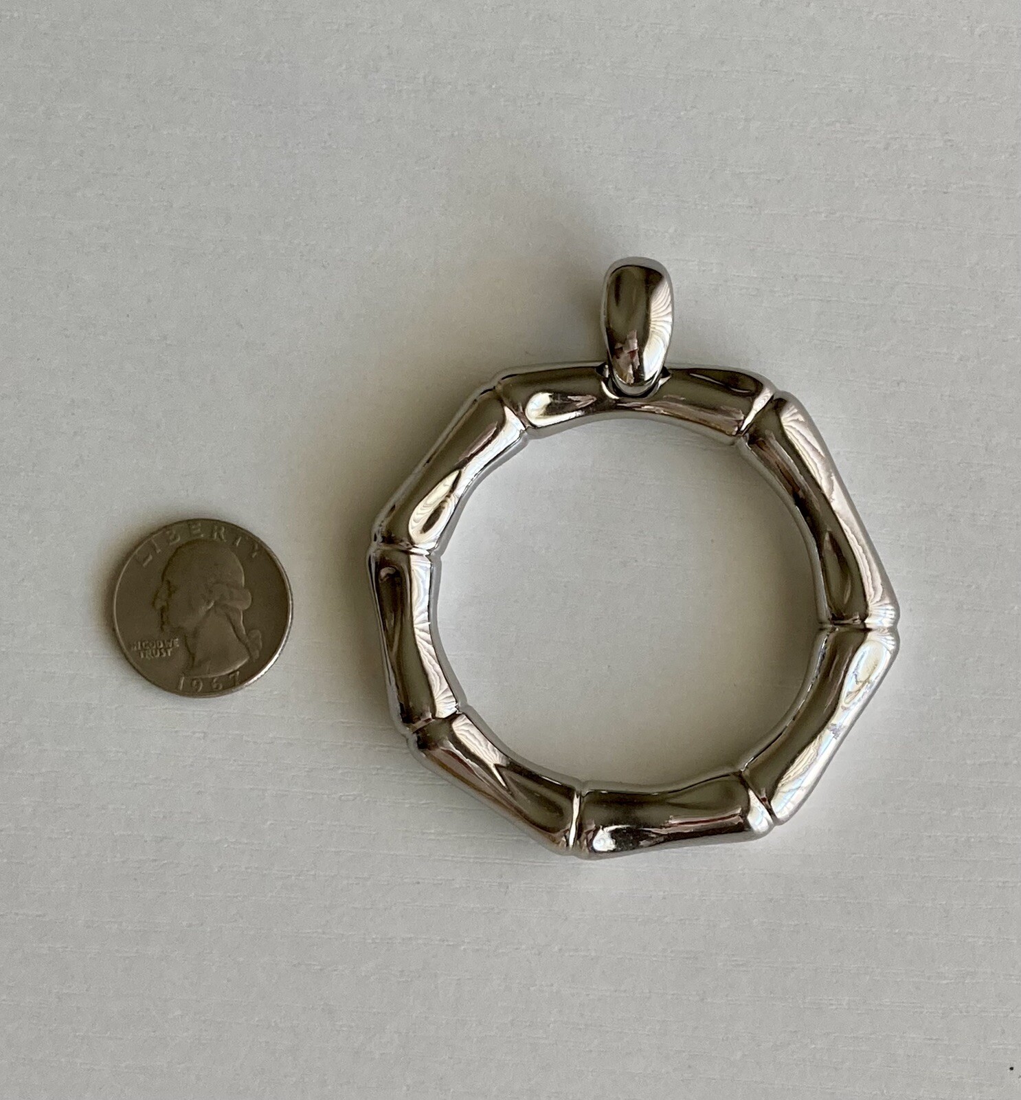 Bamboo Pendant Round Silver Tone Reflective LARGE 3in x 3in Heavy 75g Statement